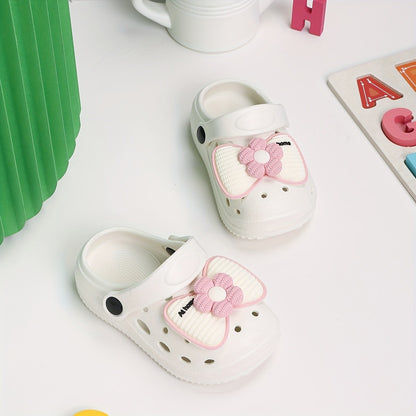 Kids EVA Bow Clogs for Girls, Thick-Sole Anti-Slip Slip-On Shoes in Black or Beige for At-Home Wear and Everyday Casual Outfits