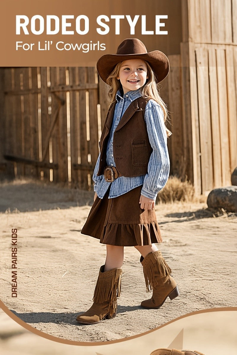 Tassel Fringe Western Ankle Boots for Girls - Star Cutout Cowgirl Boots with Soft Lining, Stable Heel, Easy Slip-On for Parties, Playtime & Dress-Up Fun