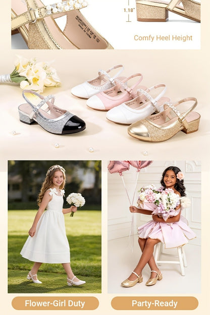 Girls Slingback Party Heels with Round Toe, Dress Shoes for Little and Big Kids for Weddings, Flower Girl Outfits and Princess-Inspired Occasions