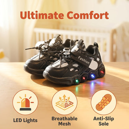 Color-Changing LED Toddler Shoes with Cartoon Design, Light-Up Kids Sneakers in Black or White for Boys and Girls, US Toddler and Little Kid Sizes