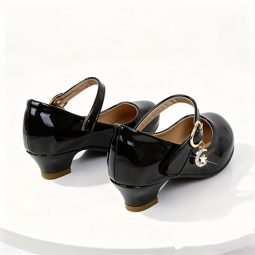Girls Glossy Mary Jane Dress Shoes with Round Toe and Low Heel, Soft PU Party Shoes with Easy Strap Fastening in Black or White for Weddings and Celebrations