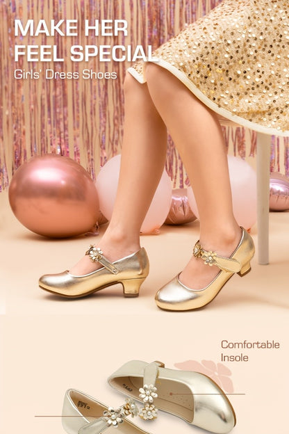 Flower Strap Mary Jane Shoes for Girls with Round Toe and Low Heel, Dressy Party and Wedding Footwear in Black, Golden, Ivory White or White for Little and Big Kids