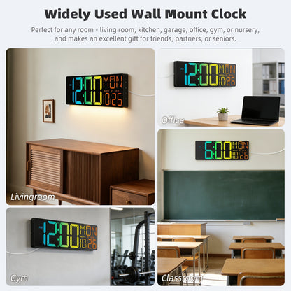 LED Digital Wall Clock 18 Inch with 8 RGB Display Colors, Remote Control and 10-Level Dimming, Timer, Temperature and Alarm for Home Rooms