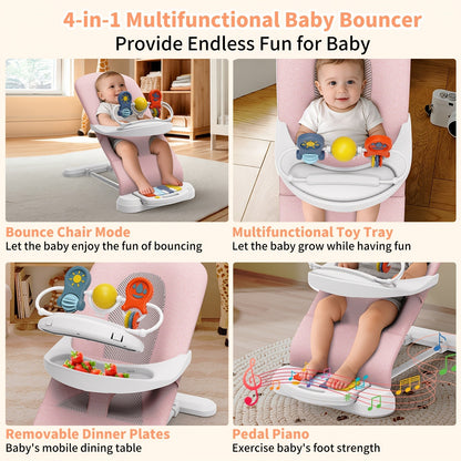 Piano Baby Bouncer and Rocker, 3-in-1 Portable Seat with Detachable Keyboard, Feeding Tray, Play Bar and Three Adjustable Incline Positions