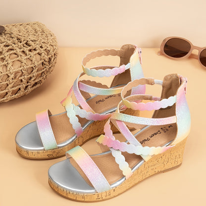 Girls Wedge Dress Sandals with Flower Detail and Shimmering Straps, Open Toe Zip-Back Party and Wedding Shoes for Little Kids and Big Kids