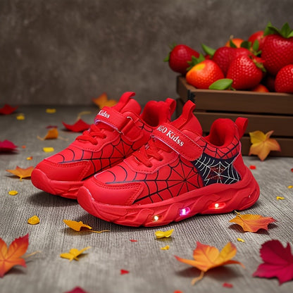 Boys LED Light-Up Mesh Sneakers with Spider-Inspired Design, Red Blue or Black Casual Running Shoes for Toddler, Little Kid and Big Kid Sizes