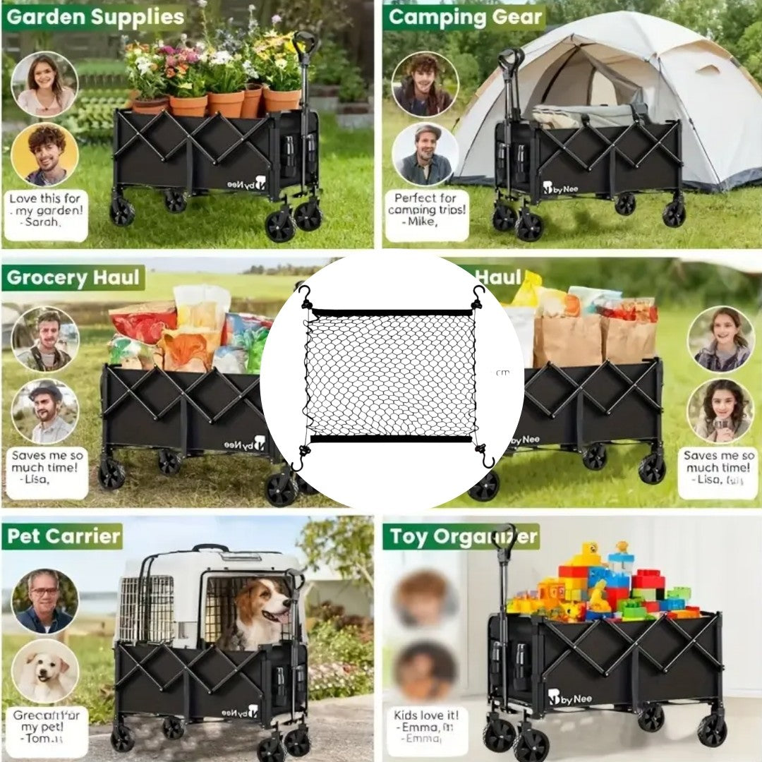 Wagon Cargo Net with 4 Hooks, Black Elastic Mesh Storage Cover for Outdoor Camping Carts, Garden Wagons and Family Outing Gear