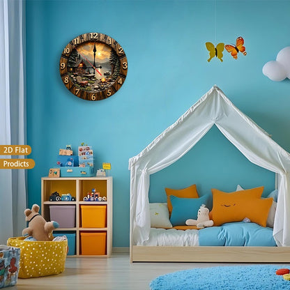 Mountain Cabin Campfire Nursery Wall Clock, Silent Non-Ticking Battery-Powered Decor for Baby Room, Bedroom, Kitchen or Living Room