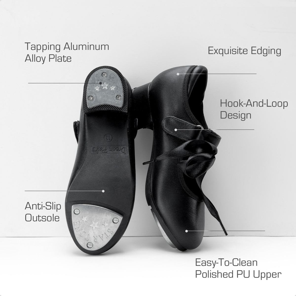 Kids Tap Dance Shoes with Hook-and-Loop Strap, Removable Satin Ribbons and Front-and-Back Taps for Girls and Boys, Toddler, Little Kid & Big Kid Sizes