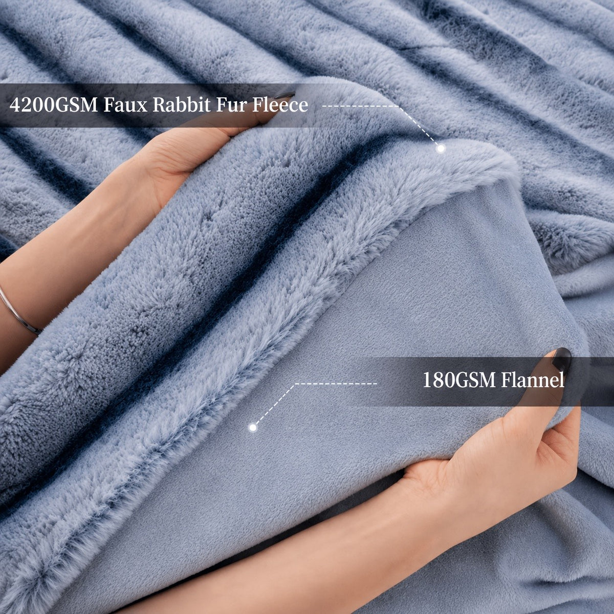 Striped Faux Rabbit Fur Throw Blanket with Flannel Back, Double-Sided Sofa and Bed Cover in Throw, Twin XL, Queen or King Sizes and Multiple Colors