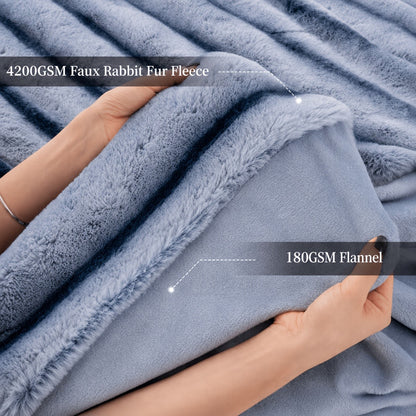 Striped Faux Rabbit Fur Throw Blanket with Flannel Back, Double-Sided Sofa and Bed Cover in Throw, Twin XL, Queen or King Sizes and Multiple Colors