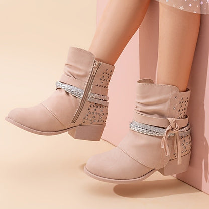 Plaid Side-Zip Ankle Boots for Girls - Stylish Low Heel Boots with Warm Lining, Non-Slip Outsole, Easy On and Off for Little Kid & Big Kid, Perfect for Fall and Winter