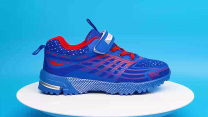 Boys Hook-and-Loop Sneakers in Blue, Breathable Low-Top Sport-Style Shoes with Geometric Pattern for Little Kid and Big Kid Casual Outings