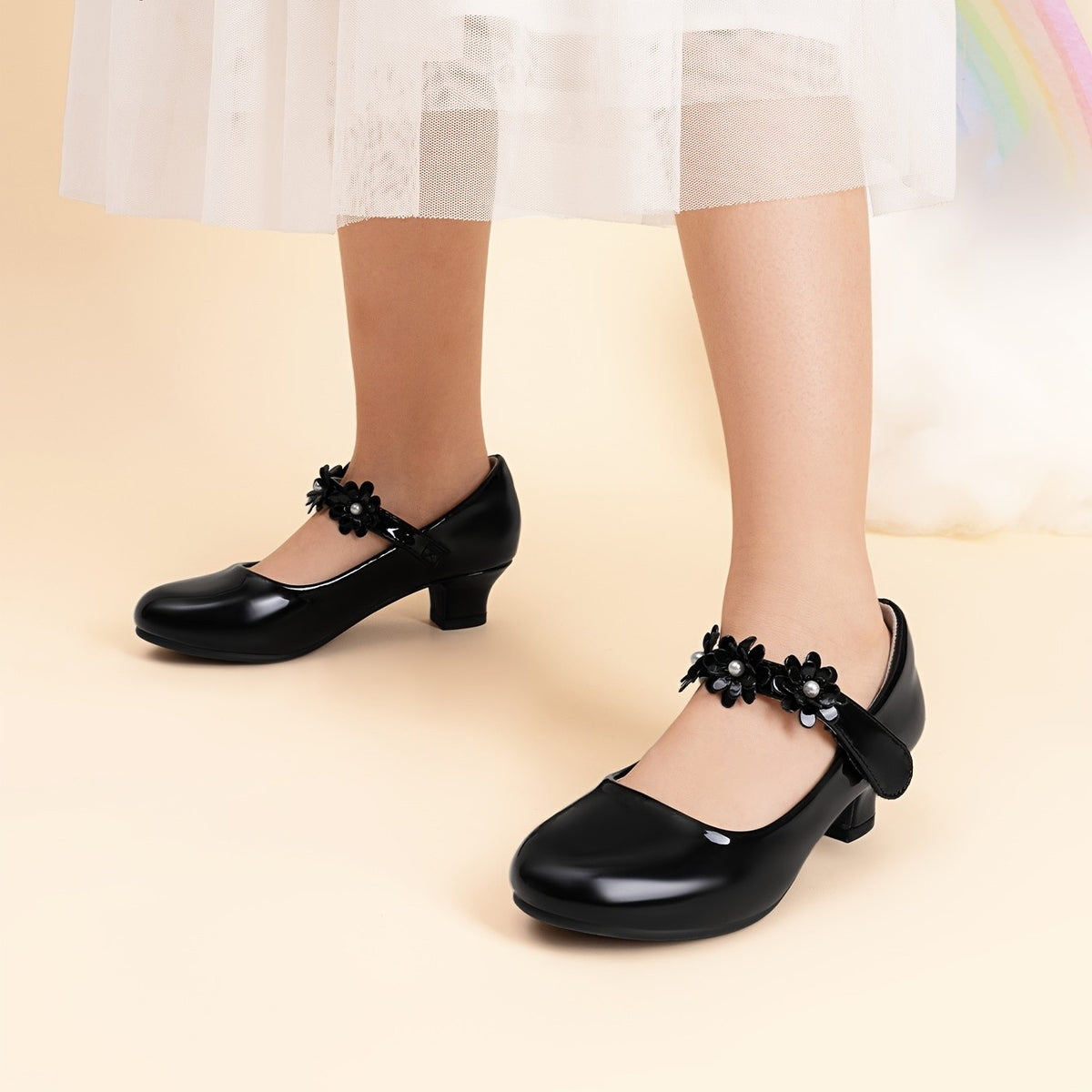 Flower Strap Mary Jane Shoes for Girls with Round Toe and Low Heel, Dressy Party and Wedding Footwear in Black, Golden, Ivory White or White for Little and Big Kids