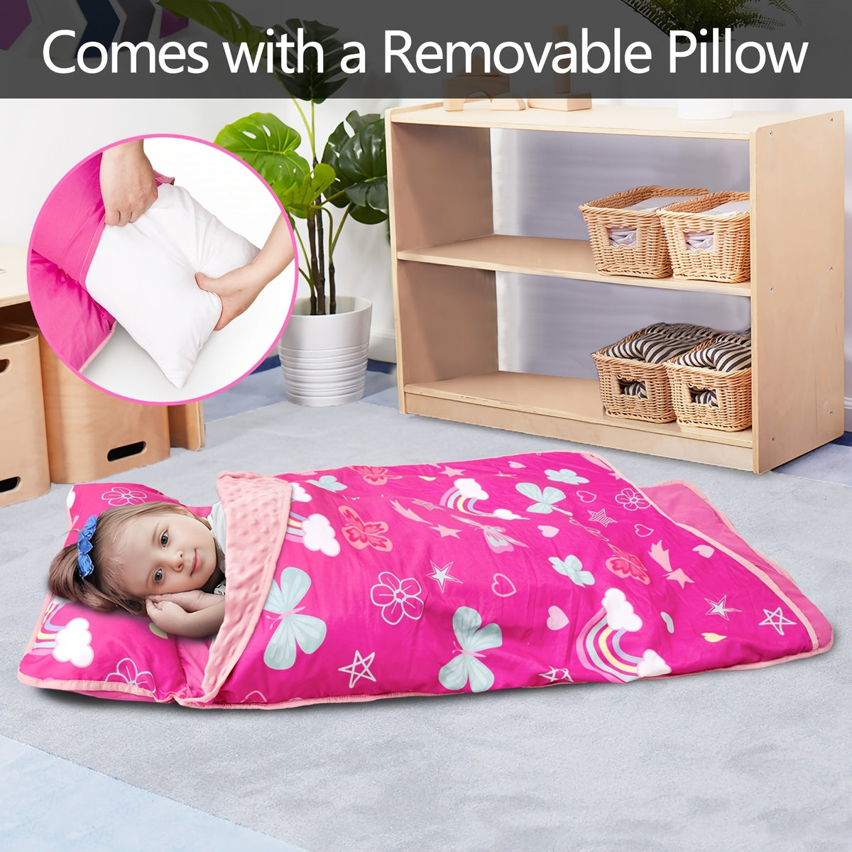 Portable Nap Mat for Preschool and Daycare by Primlect, Foldable Minky Dot Rest Mat with Built-In Pillow and Machine-Washable Design for Kids