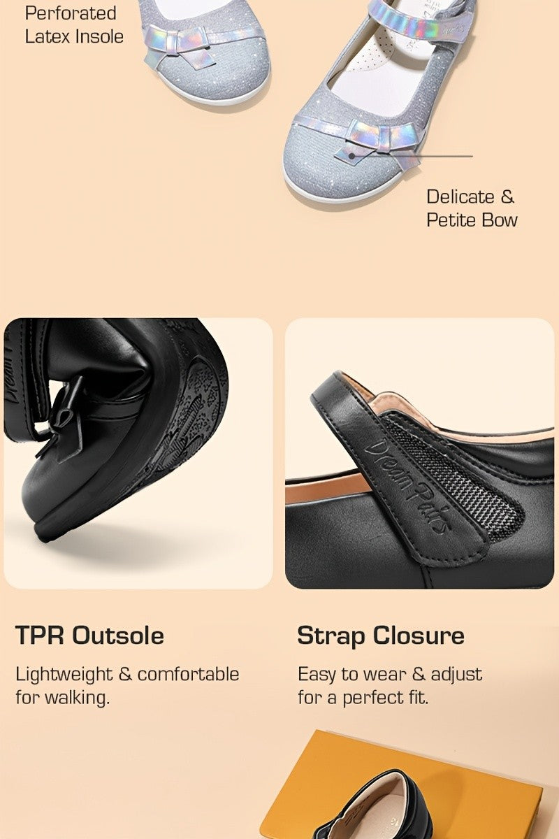 Girls Black School Uniform Mary Jane Shoes with Bow, Hook-and-Loop Strap and Cushioned Latex Insole, Round-Toe Dress Flats for Little Kid and Big Kid Events