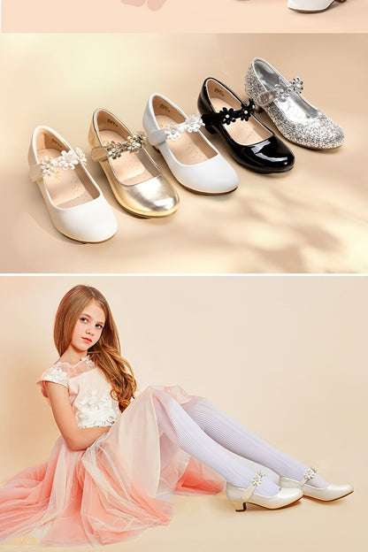Flower Strap Mary Jane Shoes for Girls with Round Toe and Low Heel, Dressy Party and Wedding Footwear in Black, Golden, Ivory White or White for Little and Big Kids