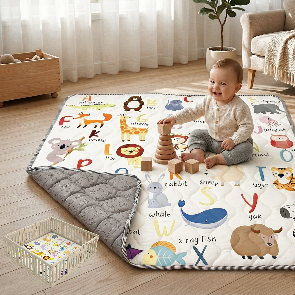 Foldable 50-Inch Baby Crawling Mat with Soft Padding, Machine-Washable Boho Playpen Floor Mat for Infants and Toddlers at Home