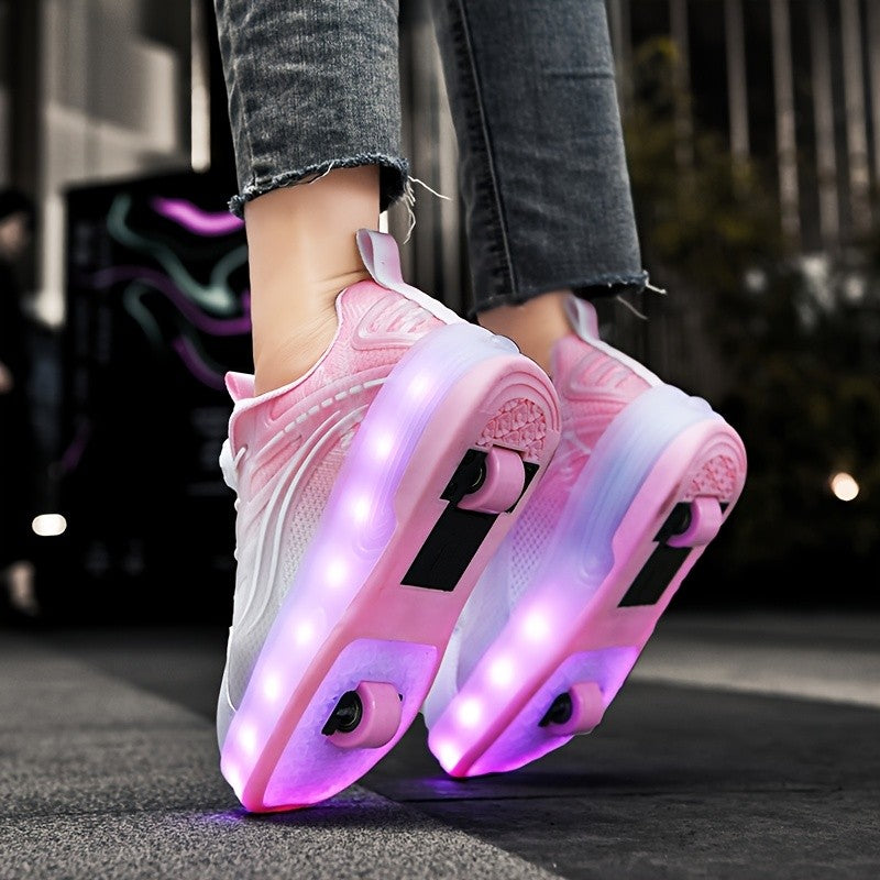 Kids Light-Up Roller Shoes with Removable Wheels, LED Flashing Gradient Skate Sneakers for Little Kid and Big Kid Outdoor Play in Three Colors