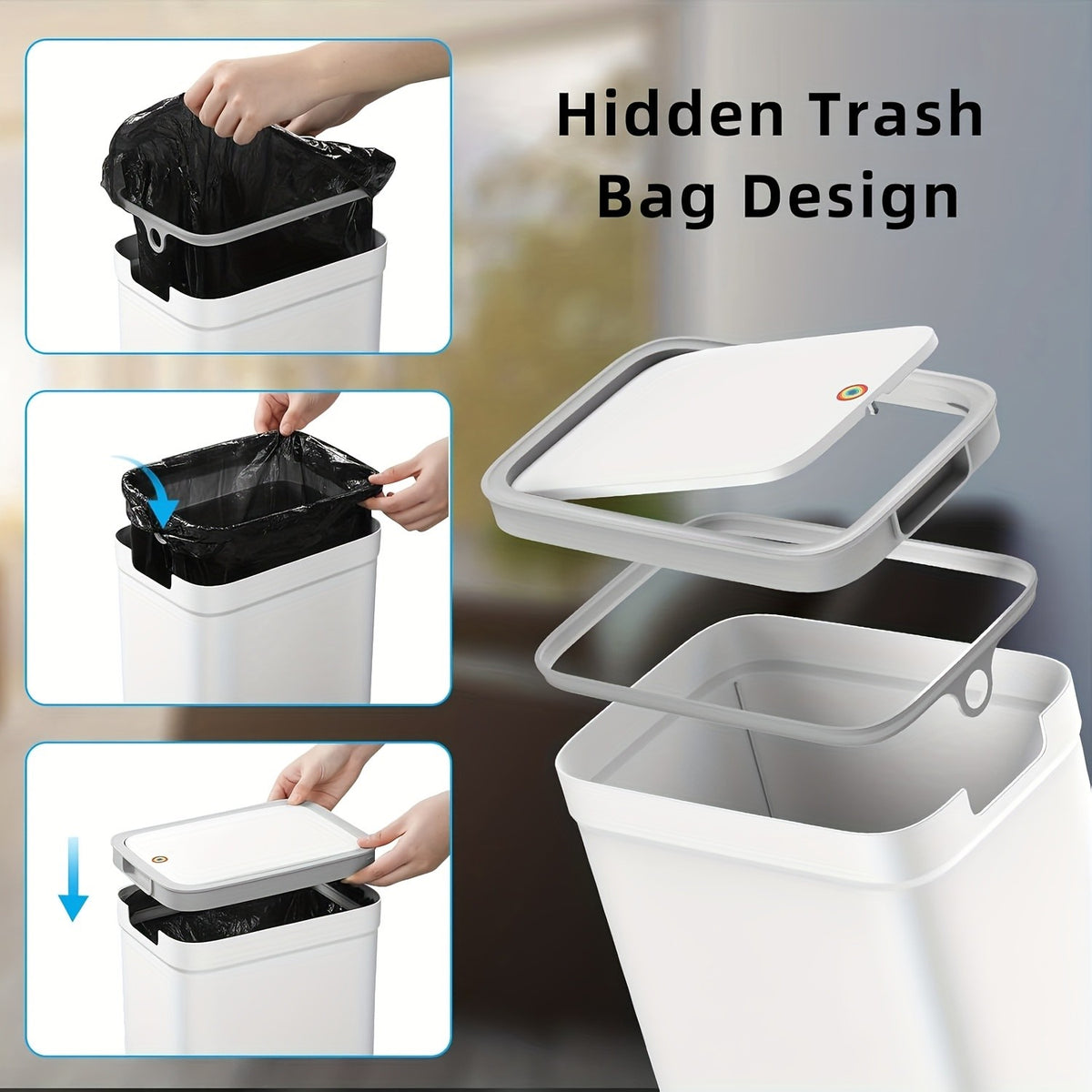 Push-Lid Bathroom Trash Can Set, Slim Plastic Waste Bins for Small Spaces with Removable Bag Rings, 2.4 and 3.6 Gallon Sizes for Home or Office
