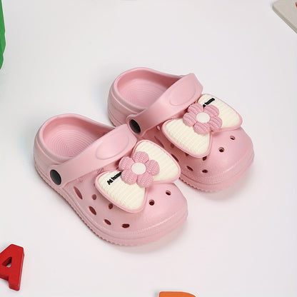 Kids EVA Bow Clogs for Girls, Thick-Sole Anti-Slip Slip-On Shoes in Black or Beige for At-Home Wear and Everyday Casual Outfits