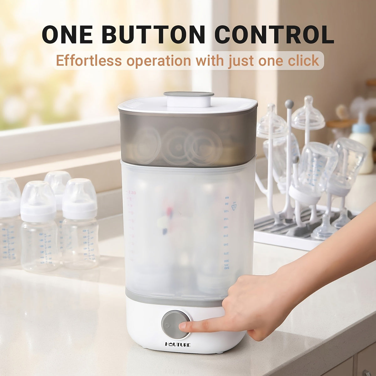 Baby Bottle Sterilizer and Dryer with One-Button Steam Operation, Countertop Feeding Accessory Organizer for Compatible Bottles and Pump Parts