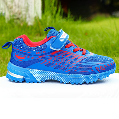 Boys Hook-and-Loop Sneakers in Blue, Breathable Low-Top Sport-Style Shoes with Geometric Pattern for Little Kid and Big Kid Casual Outings