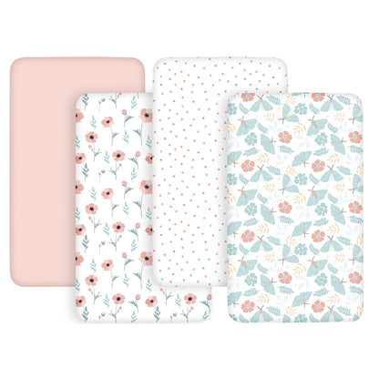 Baby Bassinet Fitted Sheets 4-Pack, 33 x 20 x 4 Inch Printed Nursery Bedding for Compatible Oval or Rectangular Mattresses, Sheets Only