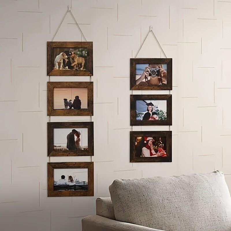 Wooden Baby Photo Frame Set, Two 4-Panel 4x6 Collage Frames with Glass Covers for Nursery Wall or Tabletop Display, First-Year Memories and Gift Giving