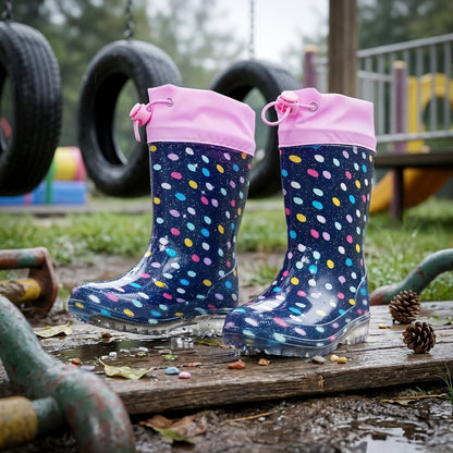 Kids Rain Boots in Cyan, PVC Short Ankle Boots with Polka Dot and Cartoon Prints, Easy-Clean Non-Slip Sole for Toddler and Little Kid Rainy-Day Outdoor Play