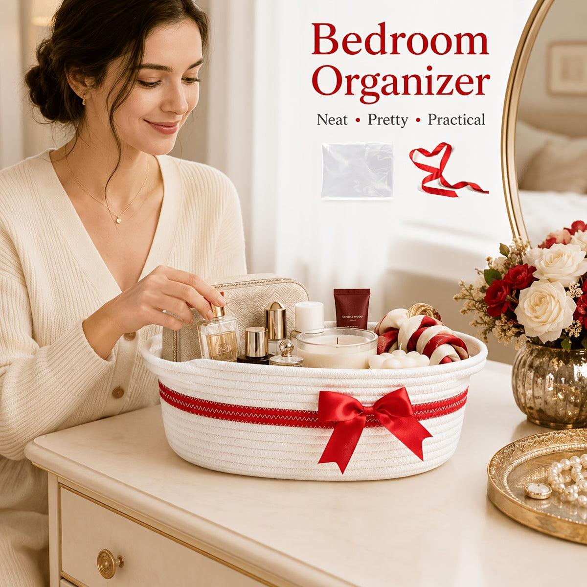 Decorative Gift Baskets with Handles, Pink and White or White and Red Storage Basket Set for Nursery Shelves, Living Room Display and Gifts