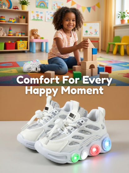 Color-Changing LED Toddler Shoes with Cartoon Design, Light-Up Kids Sneakers in Black or White for Boys and Girls, US Toddler and Little Kid Sizes
