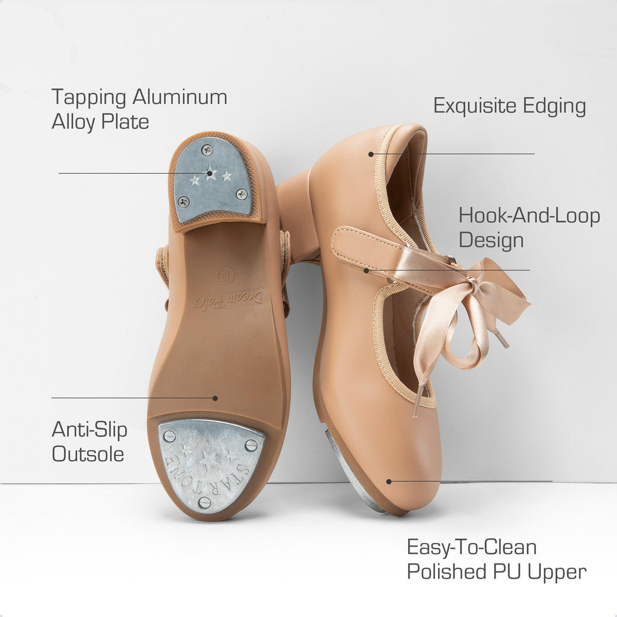 Kids Tap Dance Shoes with Hook-and-Loop Strap, Removable Satin Ribbons and Front-and-Back Taps for Girls and Boys, Toddler, Little Kid & Big Kid Sizes