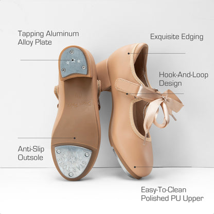 Kids Tap Dance Shoes with Hook-and-Loop Strap, Removable Satin Ribbons and Front-and-Back Taps for Girls and Boys, Toddler, Little Kid & Big Kid Sizes