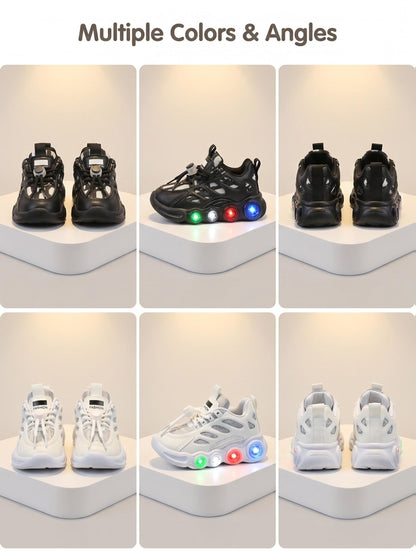 Color-Changing LED Toddler Shoes with Cartoon Design, Light-Up Kids Sneakers in Black or White for Boys and Girls, US Toddler and Little Kid Sizes