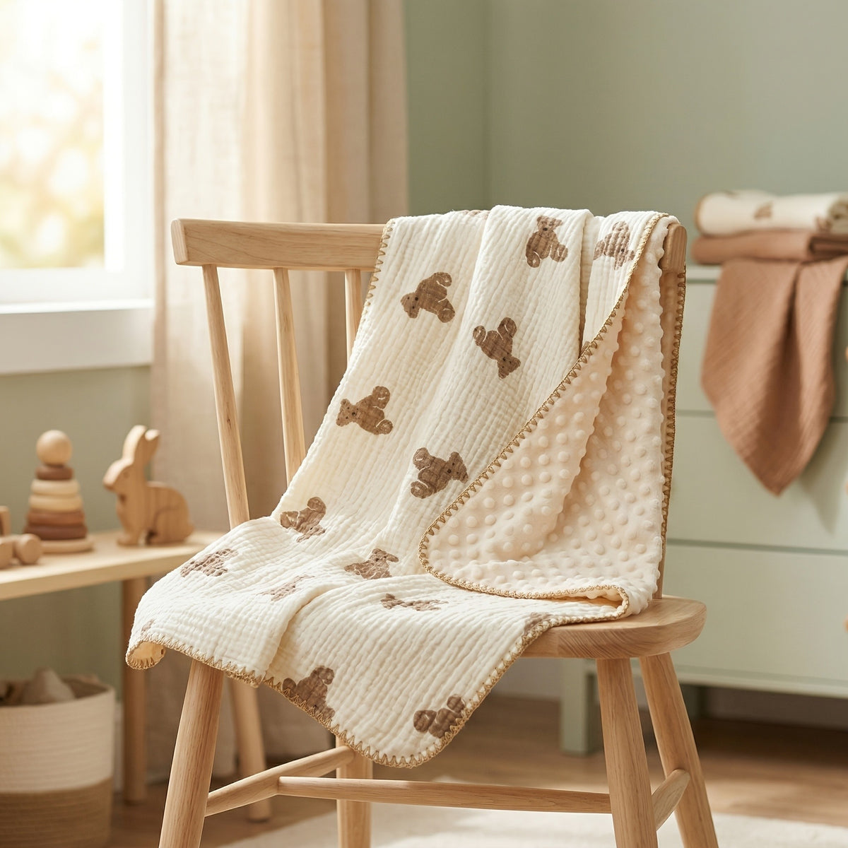 Double-Layer Baby Blanket with Cotton Gauze and Minky Dot Backing, 39.37 x 39.37 Inch Newborn Wrap in Bear, Rabbit and Dinosaur Prints