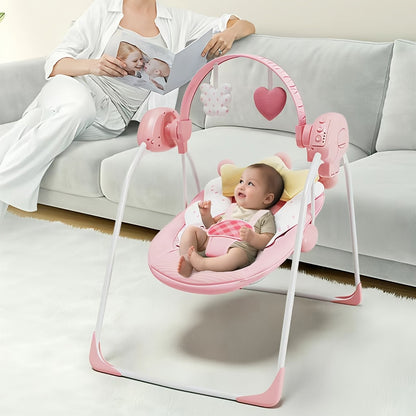 Foldable Baby Swing with Adjustable Speed and Timer, Green or Pink Infant Seat with Hanging Toy Arch for Supervised Awake Use, Up to 20 lbs