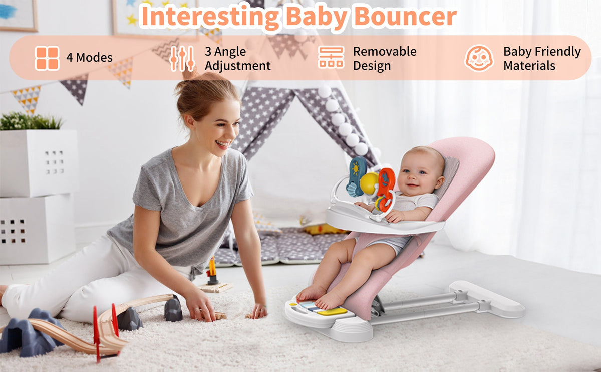 Piano Baby Bouncer and Rocker, 3-in-1 Portable Seat with Detachable Keyboard, Feeding Tray, Play Bar and Three Adjustable Incline Positions