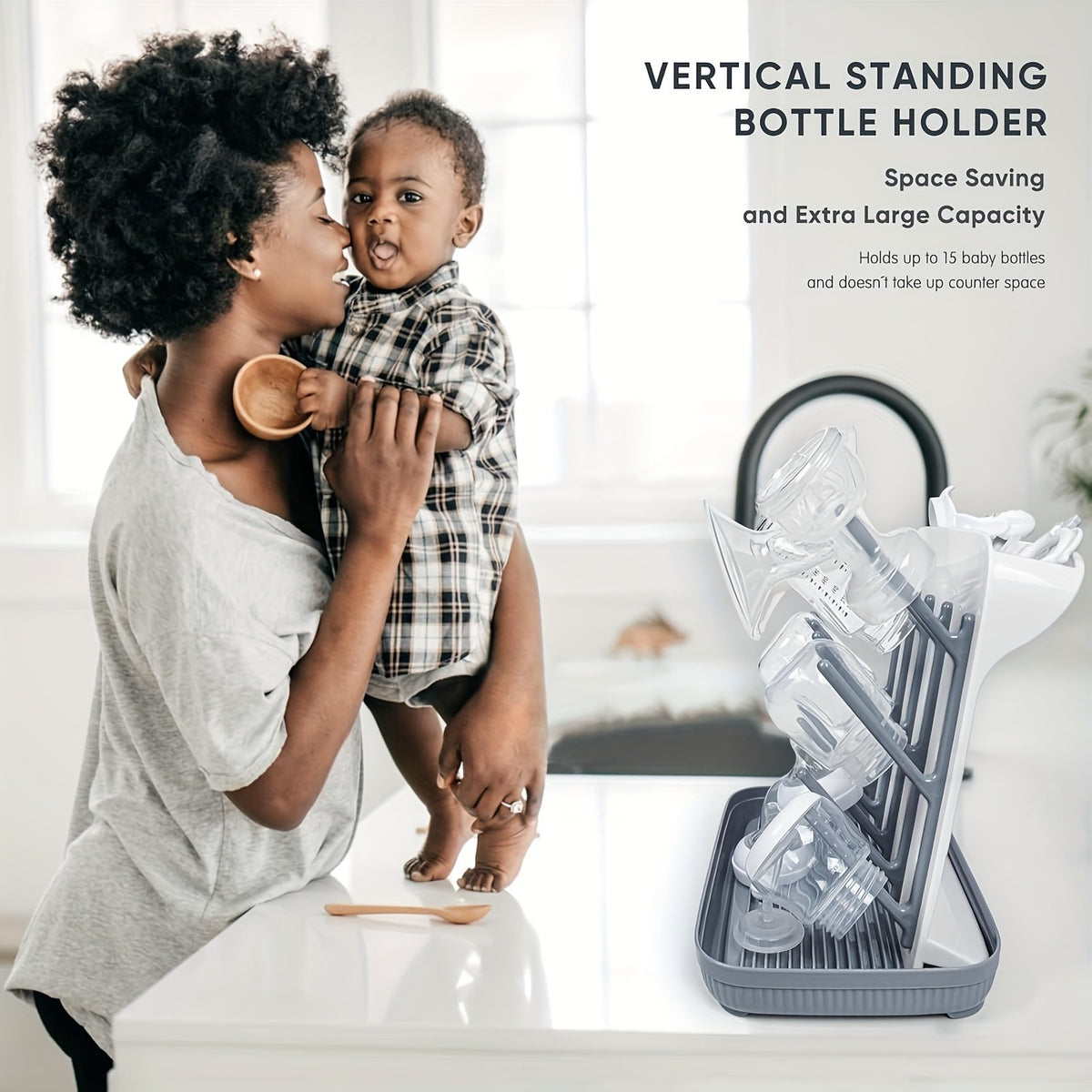 Vertical Baby Bottle Drying Rack, Large Space-Saving Holder for Bottles, Breast Pump Parts and Feeding Accessories, Sturdy Easy-Clean Design in Gray