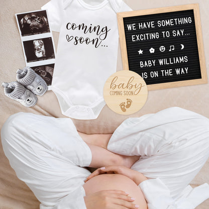 Pregnancy Announcement Kit for Family Reveals, 4-Piece Coming Soon Gift Set with Felt Letter Board, Baby Onesie, Booties and Wooden Sign for Grandparents or Dad