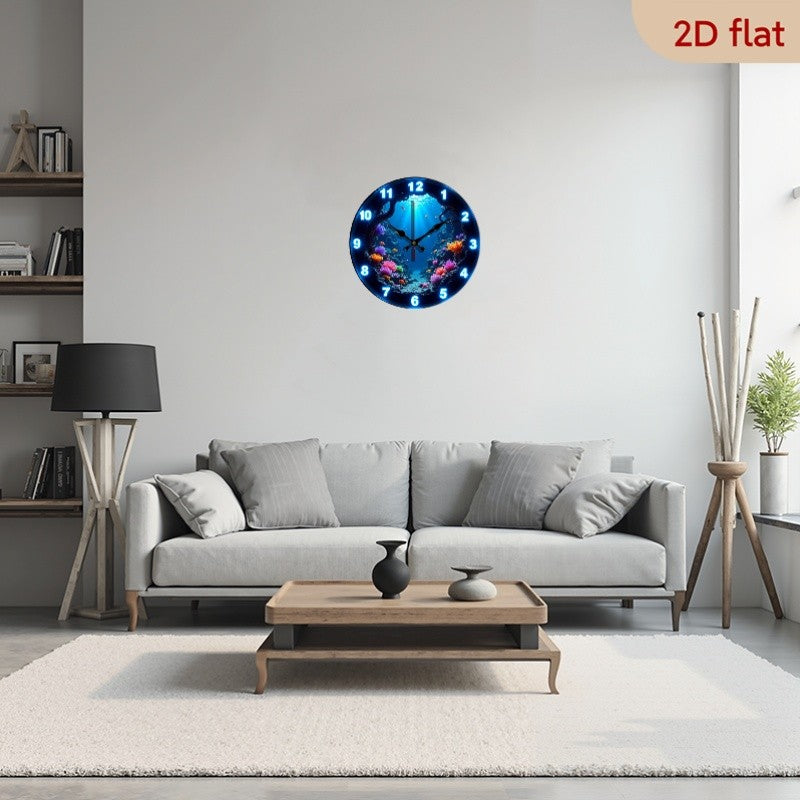 Underwater Nursery Wall Clock 10 Inch with Glow-in-the-Dark Fish and Coral Print, Silent Round 2D Flat Clock for Ocean-Themed Room Decor