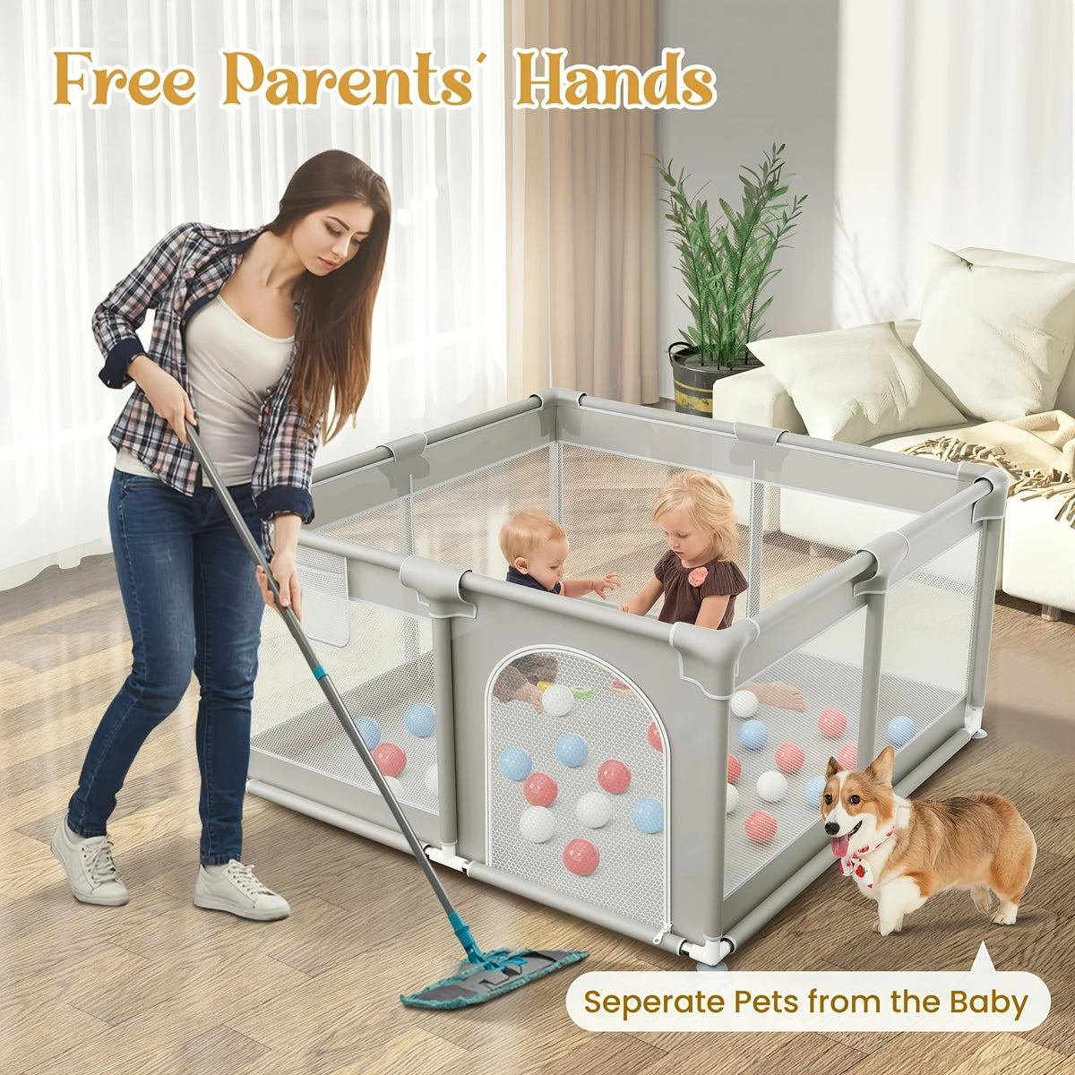 Baby Playpen with Breathable Mesh for Indoor and Outdoor Play, Large Kids Activity Yard in Beige or Gray with Multiple Size Options