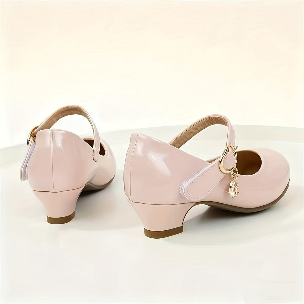 Girls Glossy Mary Jane Dress Shoes with Round Toe and Low Heel, Soft PU Party Shoes with Easy Strap Fastening in Black or White for Weddings and Celebrations