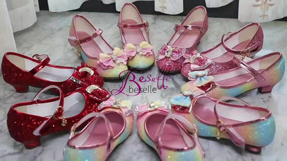 Girls Iridescent Dress Shoes with Bow and Heart Charm, Sparkly Round-Toe Heels with Hook-and-Loop Strap for Weddings, Parties and Performances