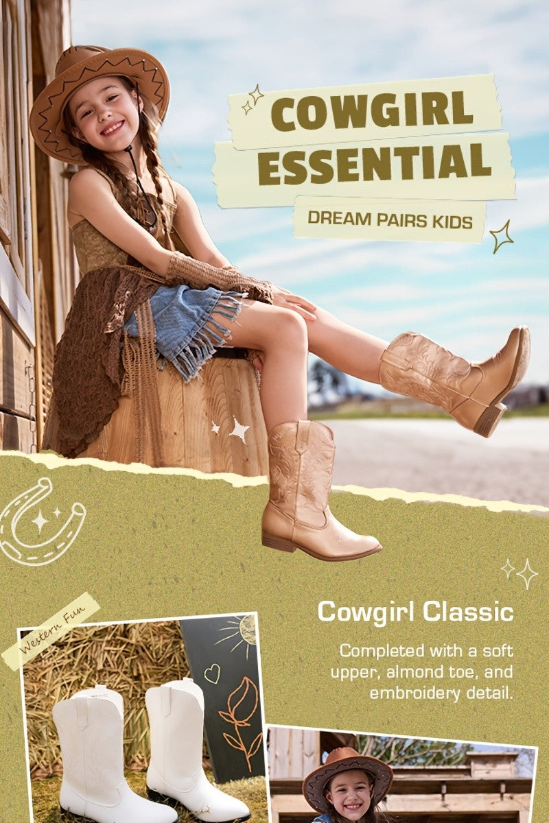 Embroidered Mid-Calf Western Riding Boots for Kids - Pull-On Cowboy Cowgirl Boots with Round Toe, Soft Lining & Flexible TPR Sole for Boys & Girls, Little Kid & Big Kid Sizes