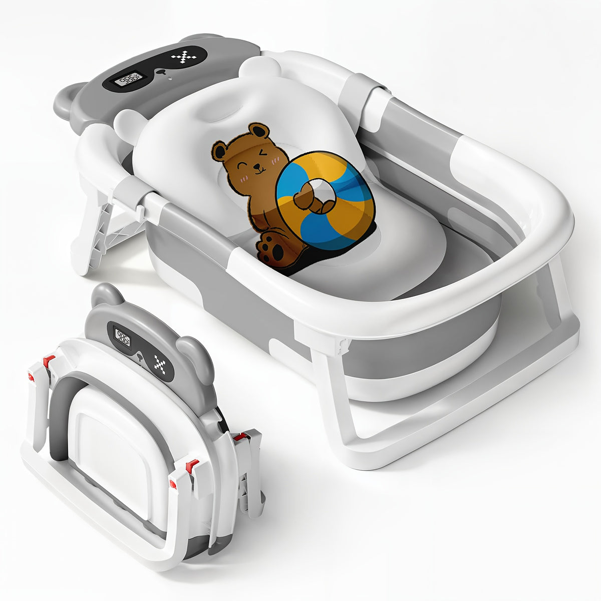 Folding Infant Bath Tub with Soft Cushion and Thermometer, Non-Slip Collapsible Baby Bathtub for Supervised Newborn-to-Toddler Bathing at Home or Travel