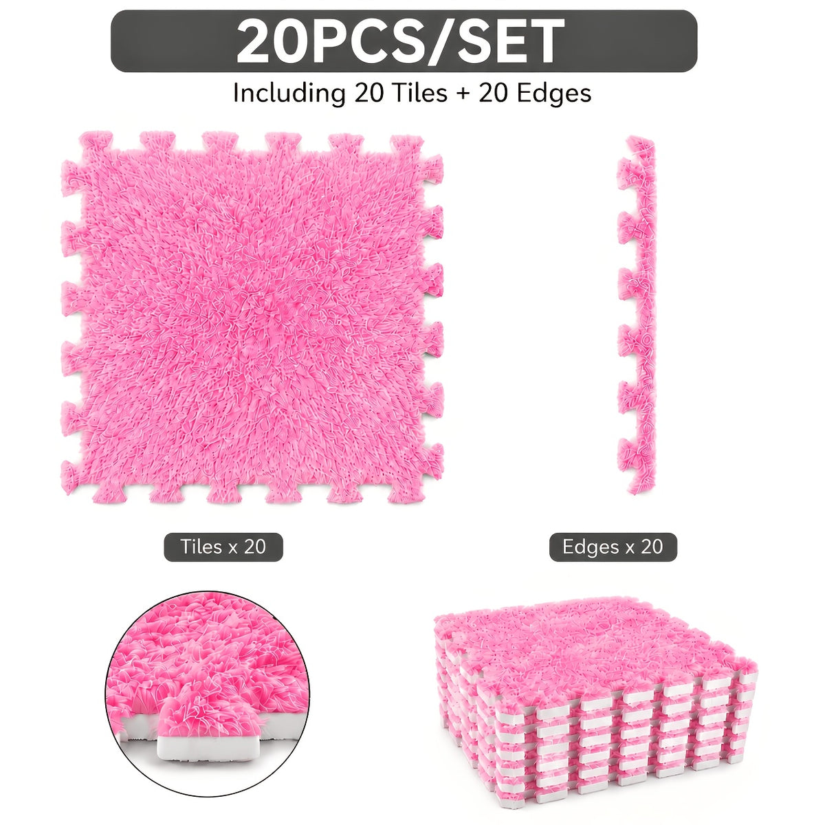 Interlocking Foam Puzzle Floor Mat Set, 20 Soft Plush Baby Tiles with 20 Edge Trims for Crawling, Nursery Play Areas, Bedrooms and Living Rooms