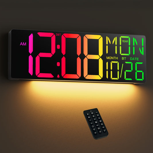 LED Digital Wall Clock 18 Inch with 8 RGB Display Colors, Remote Control and 10-Level Dimming, Timer, Temperature and Alarm for Home Rooms
