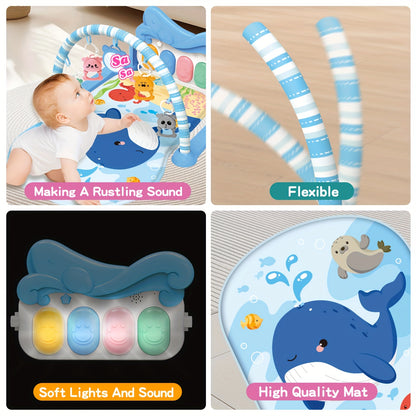 Kick and Play Piano Baby Activity Mat in Blue with Light-Up Keys, 4 Detachable Sensory Toys and Mirror for Newborn Tummy Time and Floor Play