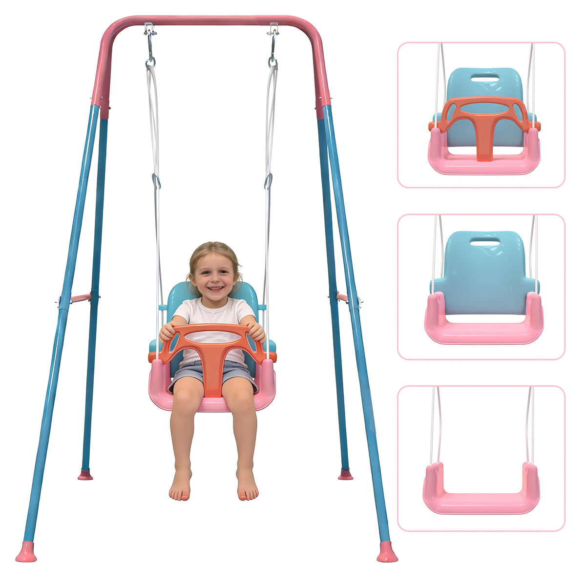 Foldable 3-in-1 Child Swing Set with Metal Stand, Detachable Seat for Ages 6 Months to 10 Years, Indoor or Outdoor Use and Compact Storage